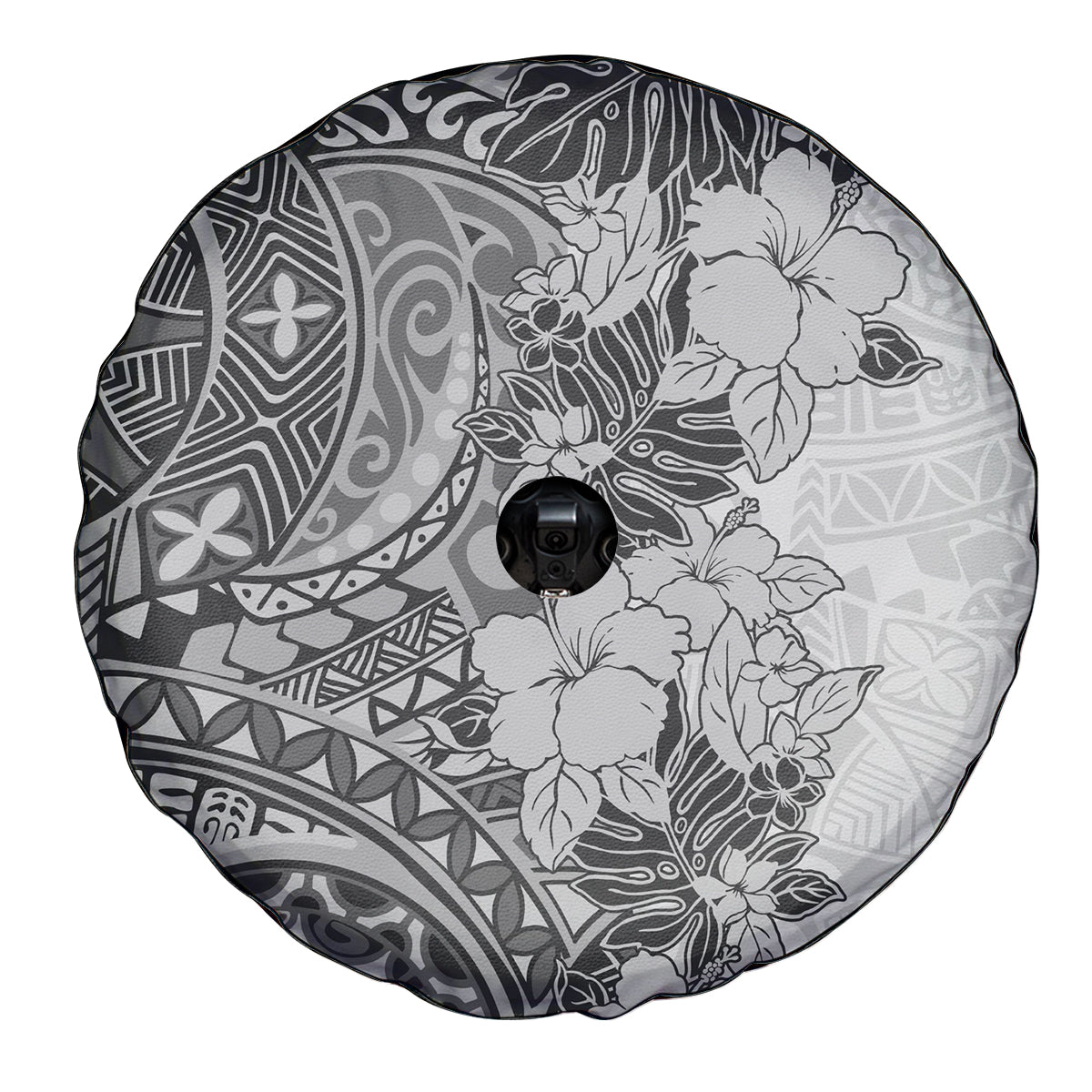 Polynesia Spare Tire Cover Hibiscus and Hawaiian Tribal Tattoo Retro Style Gray Color - Wonder Print Shop