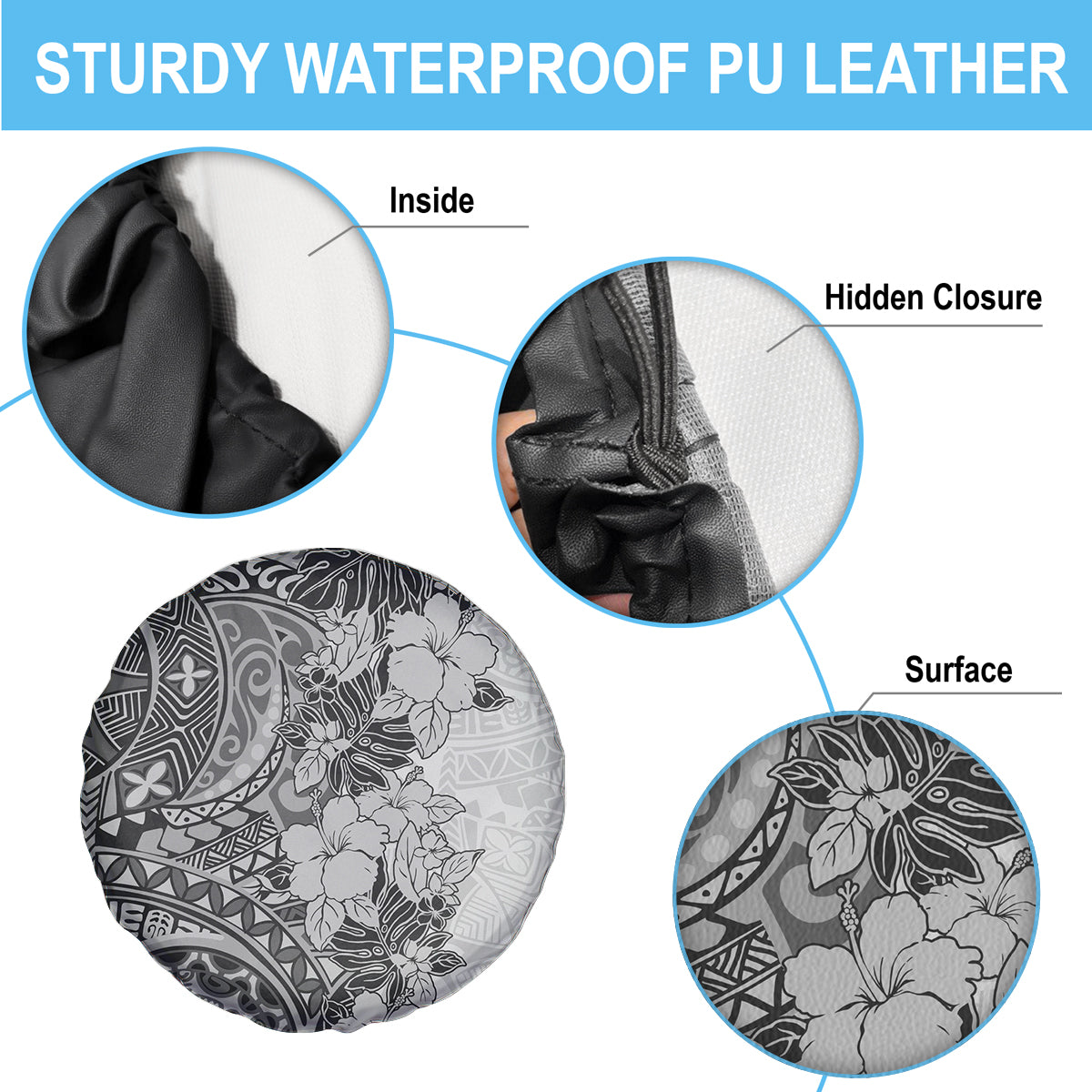 Polynesia Spare Tire Cover Hibiscus and Hawaiian Tribal Tattoo Retro Style Gray Color - Wonder Print Shop