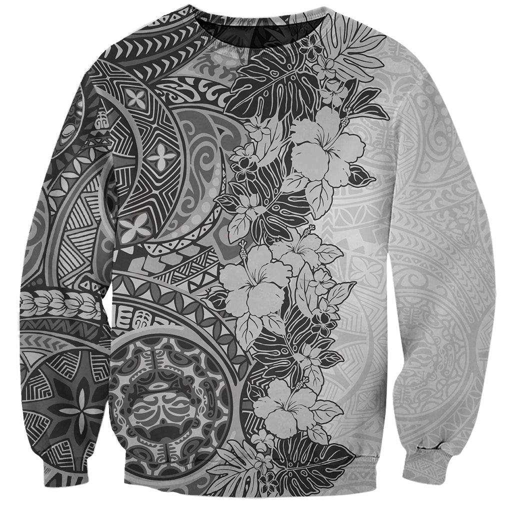 Polynesia Sweatshirt Hibiscus and Hawaiian Tribal Tattoo Retro Style Gray Color - Wonder Print Shop
