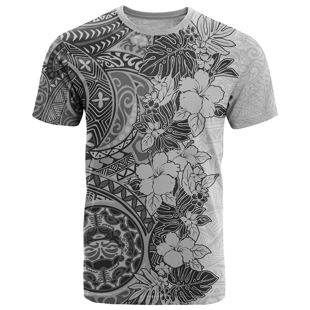 Polynesia T Shirt Hibiscus and Hawaiian Tribal Tattoo Retro Style Gray Color - Wonder Print Shop