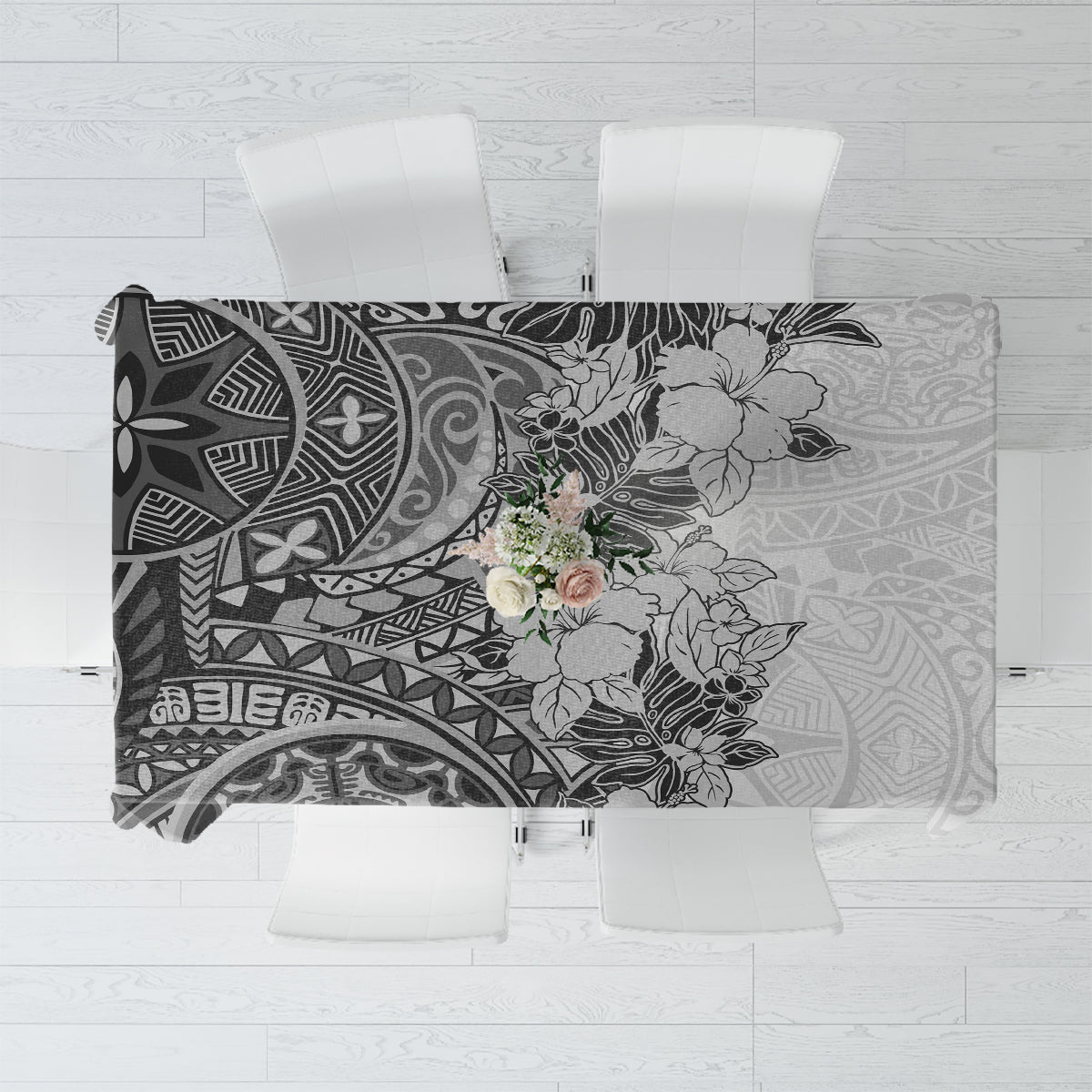 Polynesia Tablecloth Hibiscus and Hawaiian Tribal Tattoo Retro Style Gray Color - Wonder Print Shop