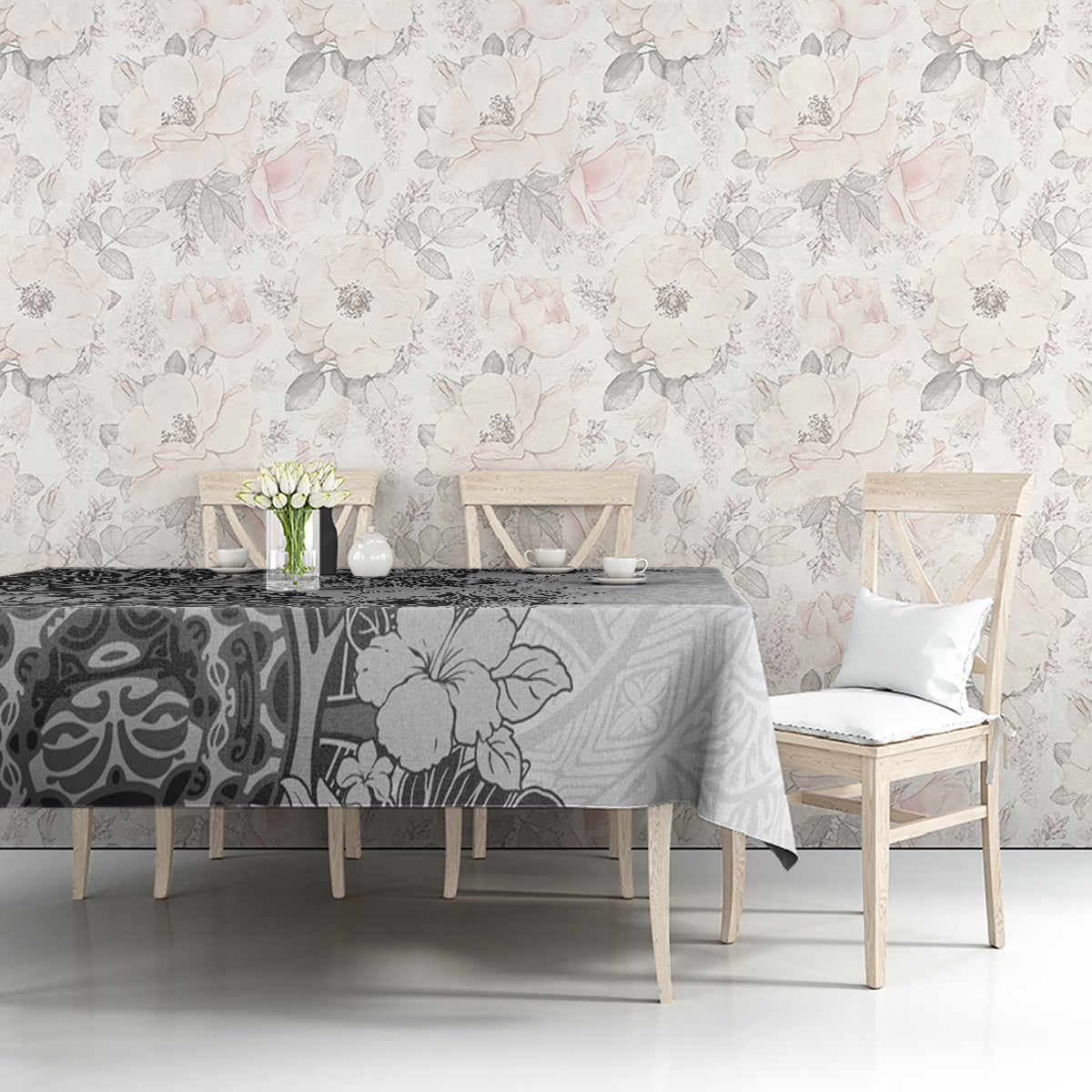 Polynesia Tablecloth Hibiscus and Hawaiian Tribal Tattoo Retro Style Gray Color - Wonder Print Shop