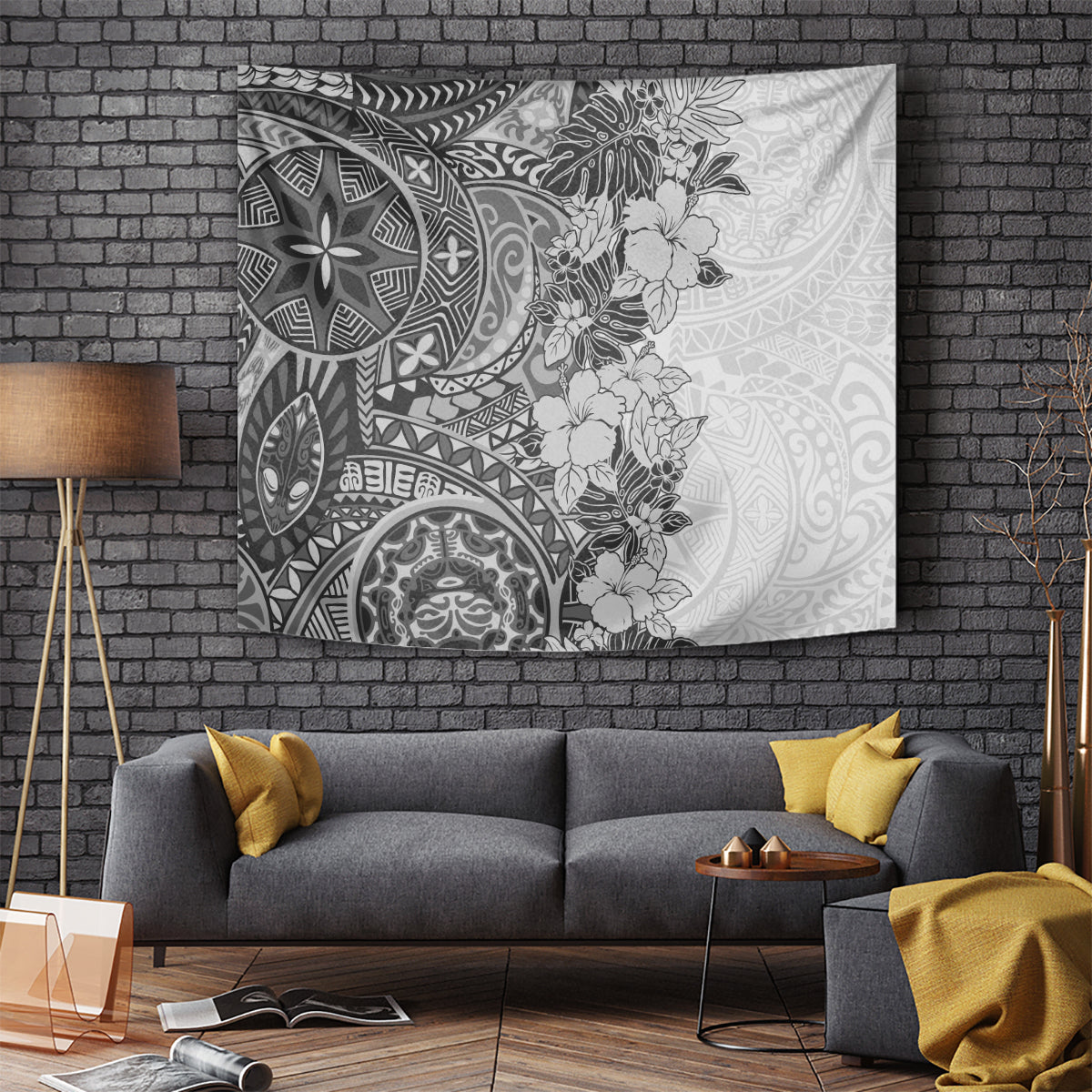 Polynesia Tapestry Hibiscus and Hawaiian Tribal Tattoo Retro Style Gray Color - Wonder Print Shop