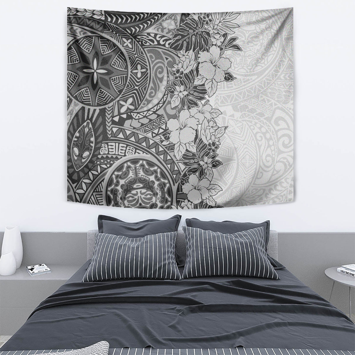 Polynesia Tapestry Hibiscus and Hawaiian Tribal Tattoo Retro Style Gray Color - Wonder Print Shop