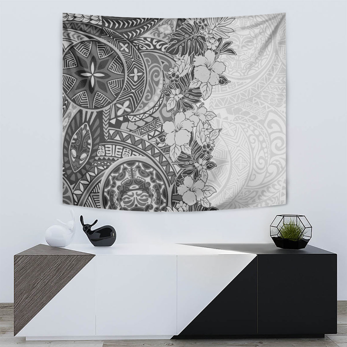 Polynesia Tapestry Hibiscus and Hawaiian Tribal Tattoo Retro Style Gray Color - Wonder Print Shop