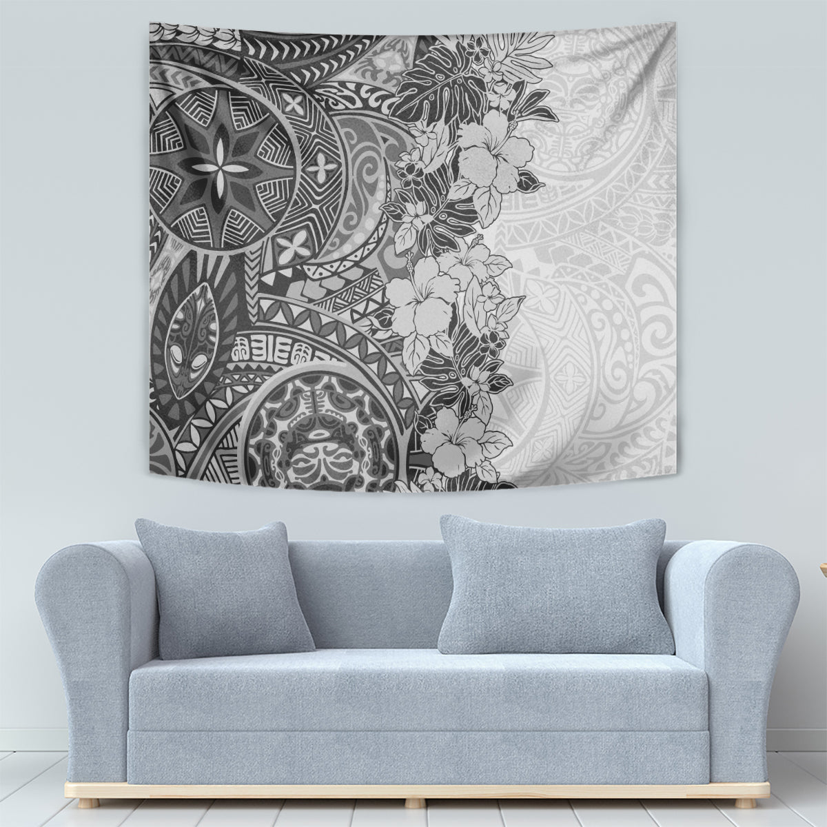 Polynesia Tapestry Hibiscus and Hawaiian Tribal Tattoo Retro Style Gray Color - Wonder Print Shop
