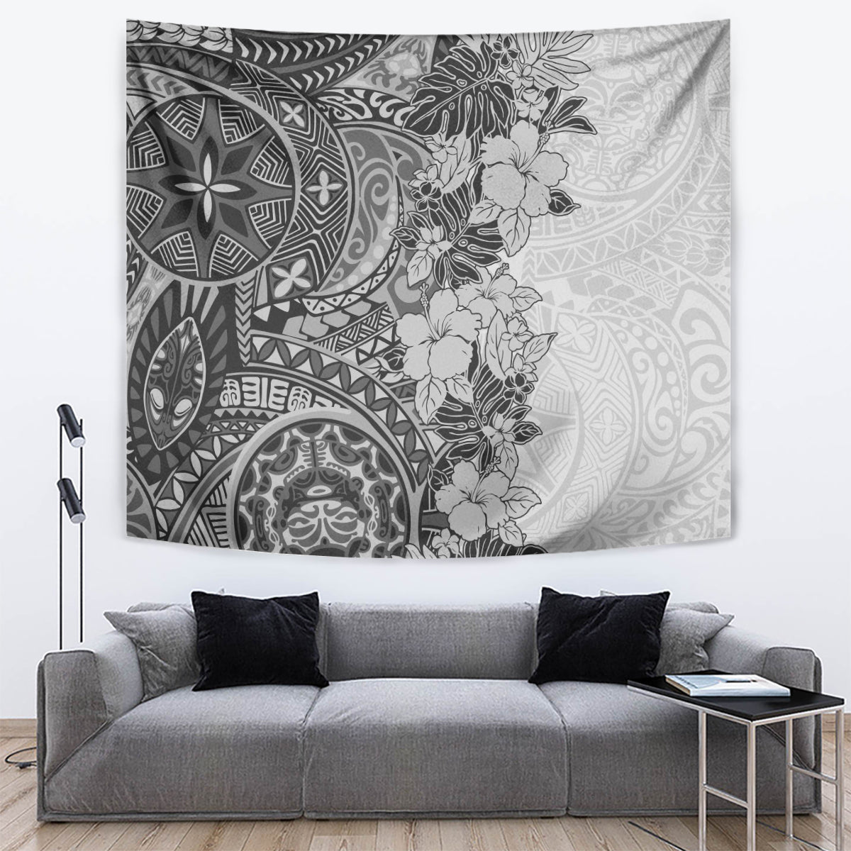 Polynesia Tapestry Hibiscus and Hawaiian Tribal Tattoo Retro Style Gray Color - Wonder Print Shop