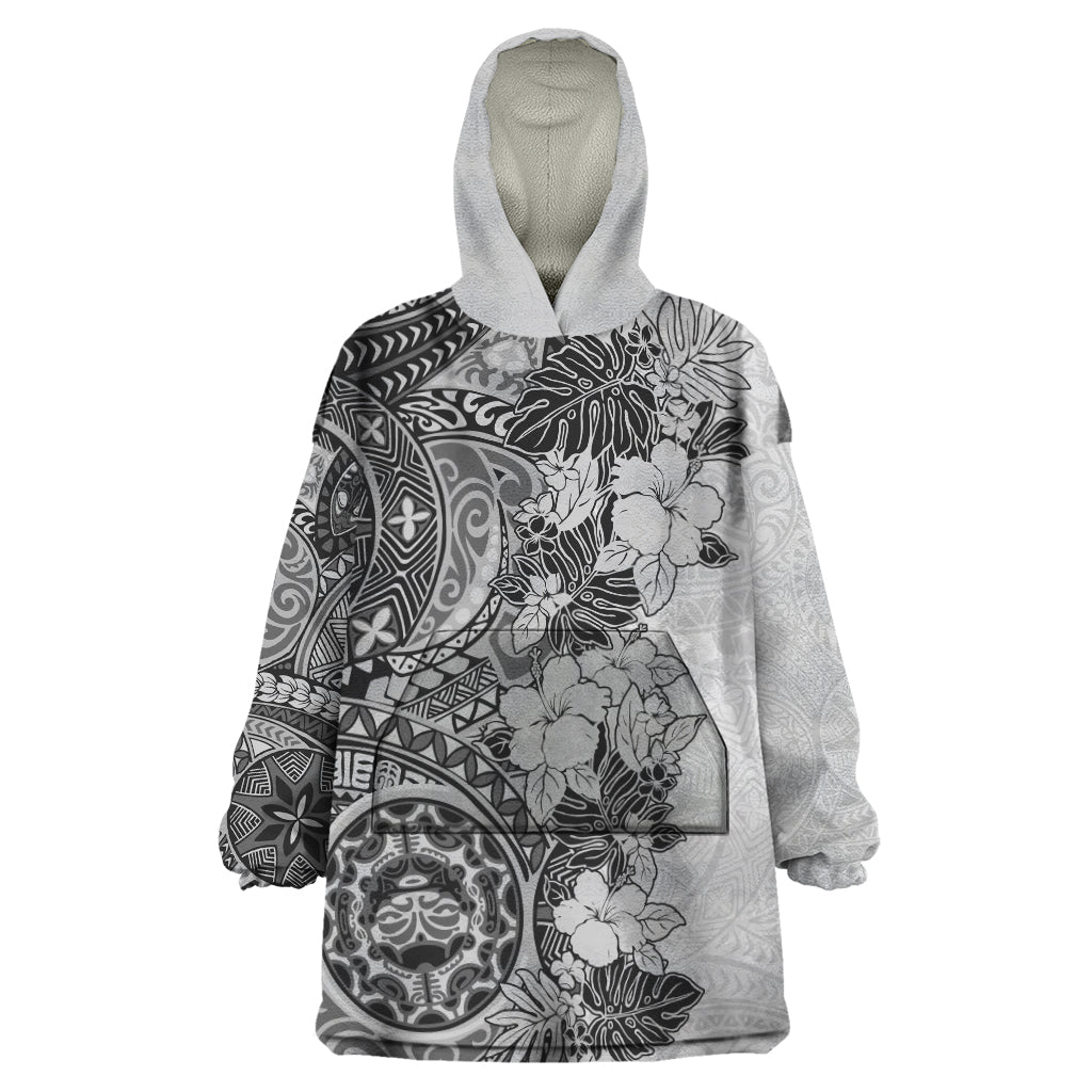 Polynesia Wearable Blanket Hoodie Hibiscus and Hawaiian Tribal Tattoo Retro Style Gray Color - Wonder Print Shop