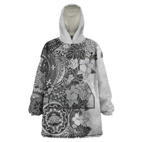 Polynesia Wearable Blanket Hoodie Hibiscus and Hawaiian Tribal Tattoo Retro Style Gray Color - Wonder Print Shop