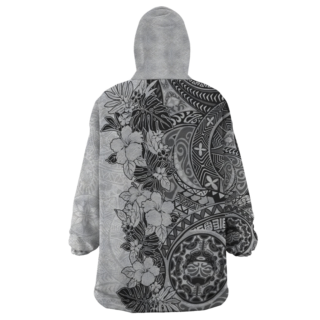 Polynesia Wearable Blanket Hoodie Hibiscus and Hawaiian Tribal Tattoo Retro Style Gray Color - Wonder Print Shop