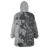 Polynesia Wearable Blanket Hoodie Hibiscus and Hawaiian Tribal Tattoo Retro Style Gray Color - Wonder Print Shop