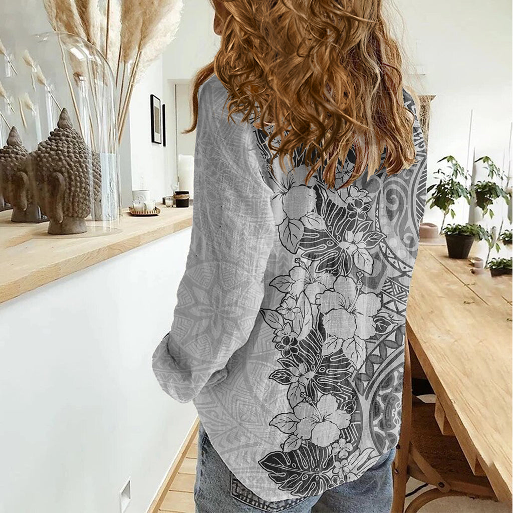 Polynesia Women Casual Shirt Hibiscus and Hawaiian Tribal Tattoo Retro Style Gray Color - Wonder Print Shop