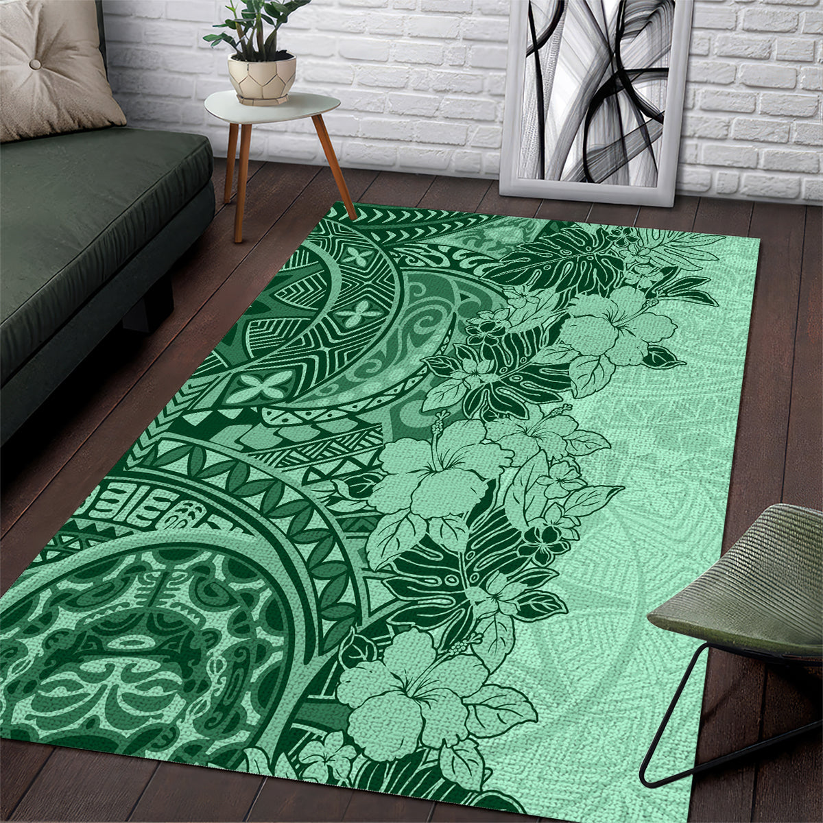 Polynesia Area Rug Hibiscus and Hawaiian Tribal Tattoo Retro Style Green Color LT9 - Wonder Print Shop