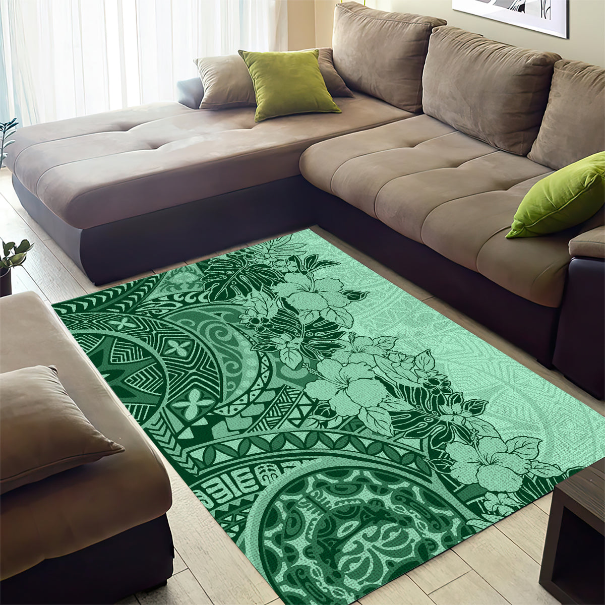 Polynesia Area Rug Hibiscus and Hawaiian Tribal Tattoo Retro Style Green Color LT9 - Wonder Print Shop