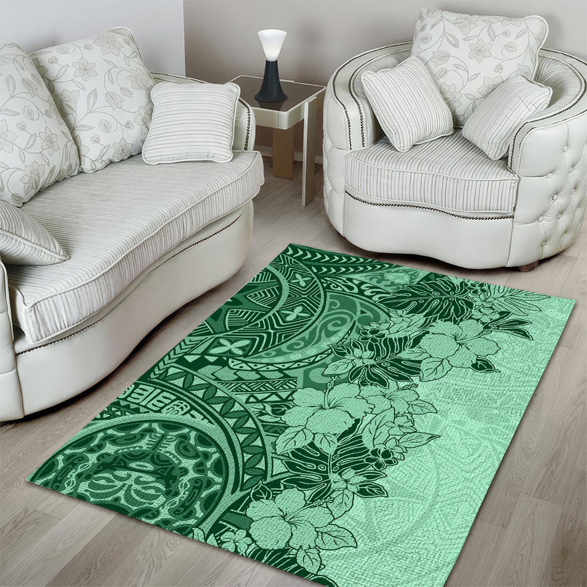 Polynesia Area Rug Hibiscus and Hawaiian Tribal Tattoo Retro Style Green Color LT9 - Wonder Print Shop