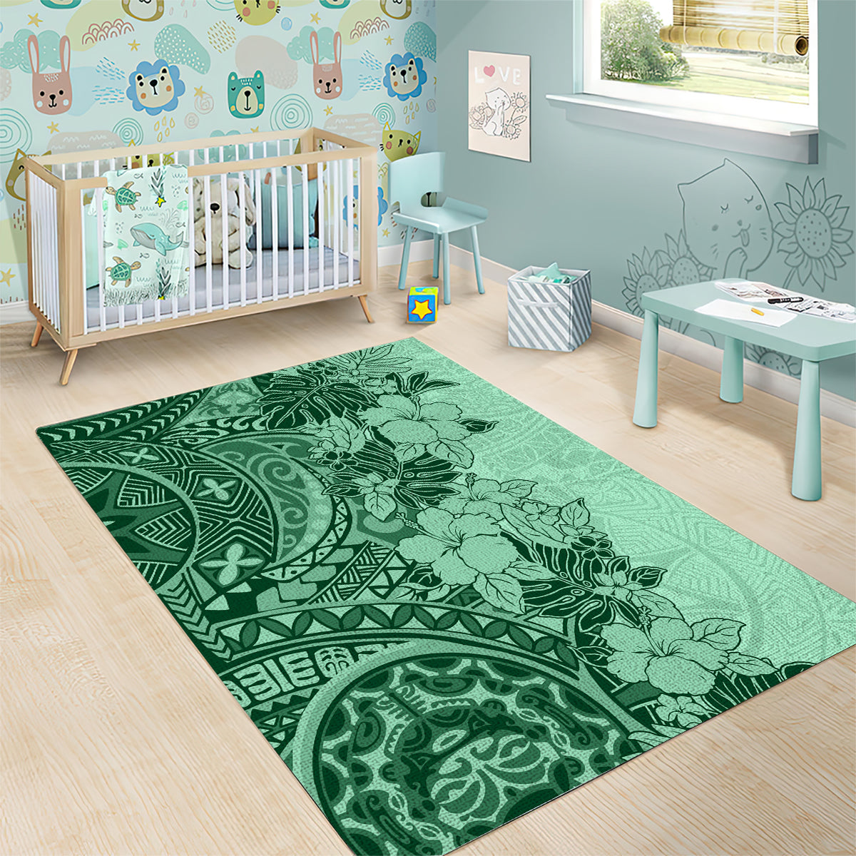 Polynesia Area Rug Hibiscus and Hawaiian Tribal Tattoo Retro Style Green Color LT9 - Wonder Print Shop