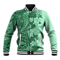 Polynesia Baseball Jacket Hibiscus and Hawaiian Tribal Tattoo Retro Style Green Color LT9 - Wonder Print Shop