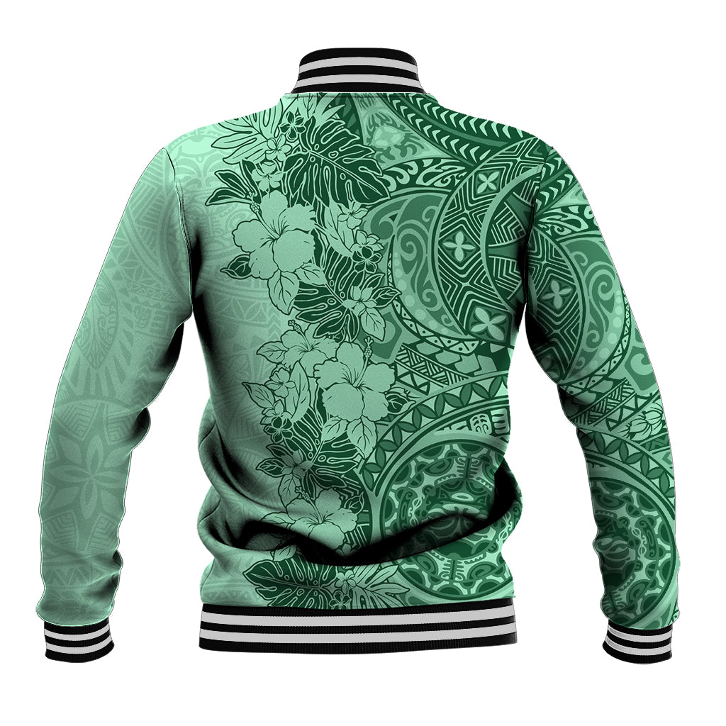 Polynesia Baseball Jacket Hibiscus and Hawaiian Tribal Tattoo Retro Style Green Color LT9 - Wonder Print Shop