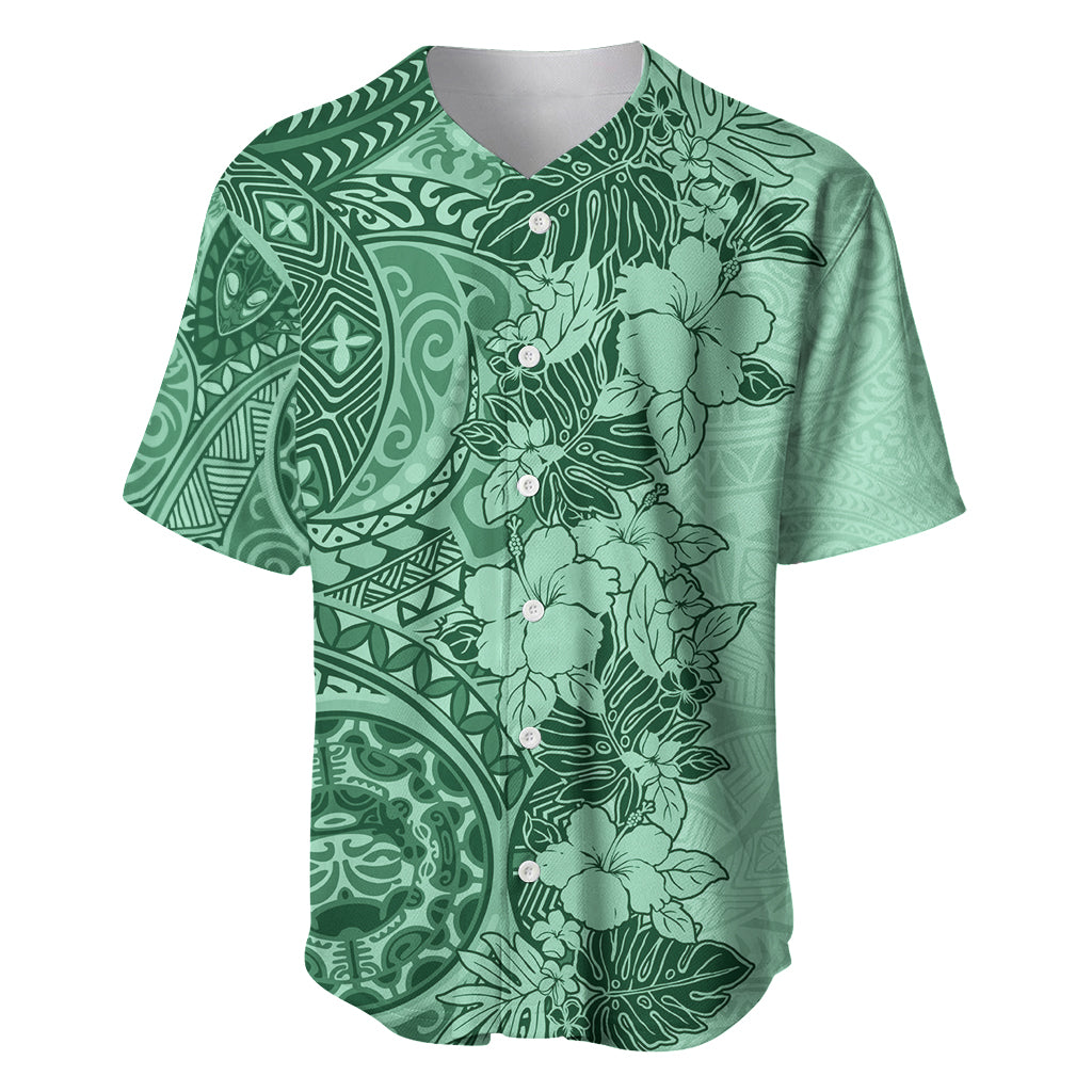 Polynesia Baseball Jersey Hibiscus and Hawaiian Tribal Tattoo Retro Style Green Color LT9 - Wonder Print Shop