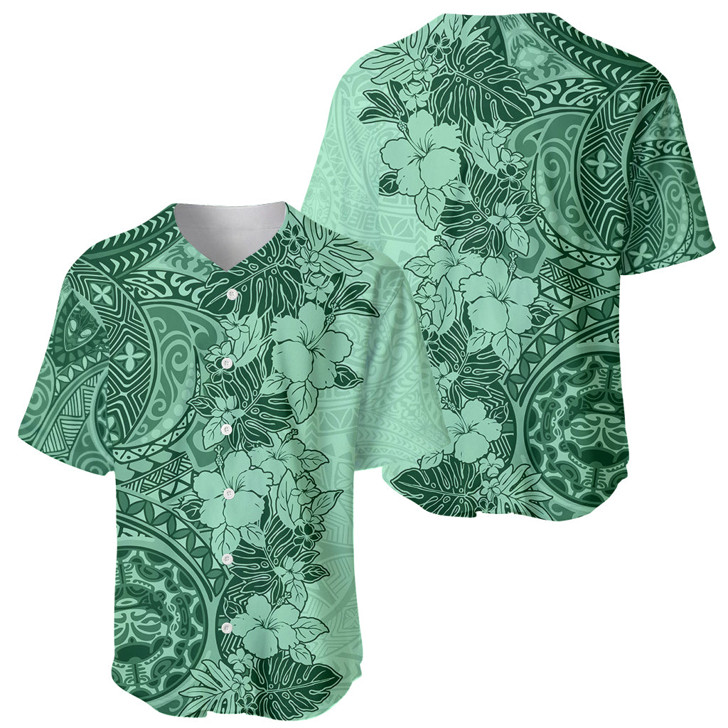 Polynesia Baseball Jersey Hibiscus and Hawaiian Tribal Tattoo Retro Style Green Color LT9 - Wonder Print Shop