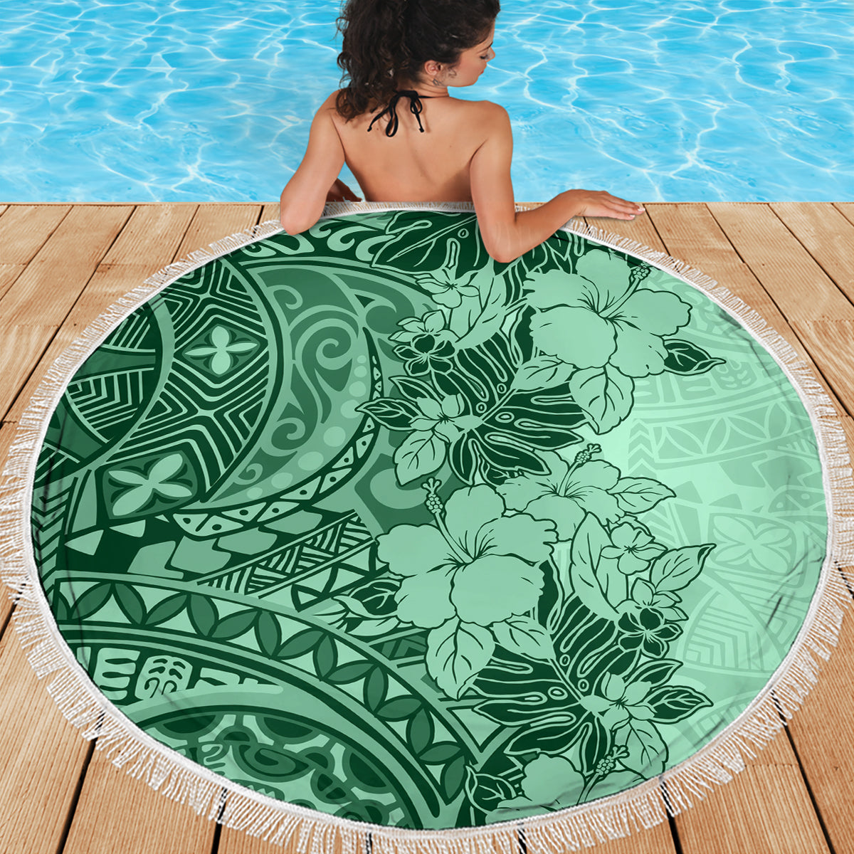 Polynesia Beach Blanket Hibiscus and Hawaiian Tribal Tattoo Retro Style Green Color LT9 - Wonder Print Shop