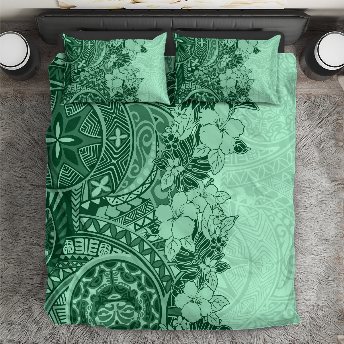 Polynesia Bedding Set Hibiscus and Hawaiian Tribal Tattoo Retro Style Green Color LT9 - Wonder Print Shop