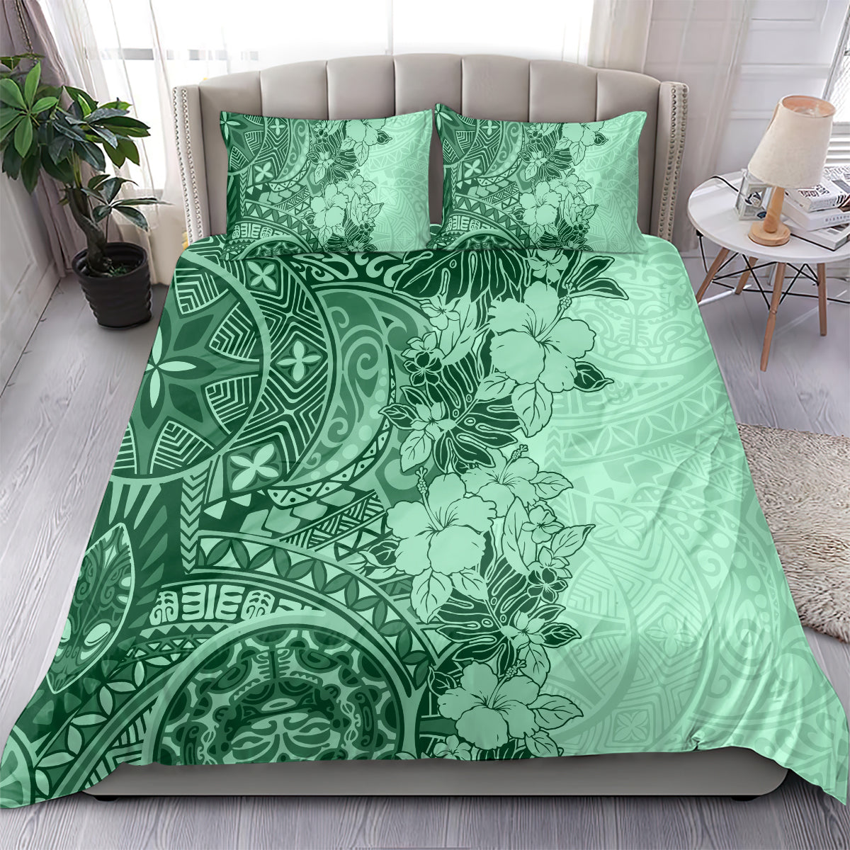 Polynesia Bedding Set Hibiscus and Hawaiian Tribal Tattoo Retro Style Green Color LT9 - Wonder Print Shop