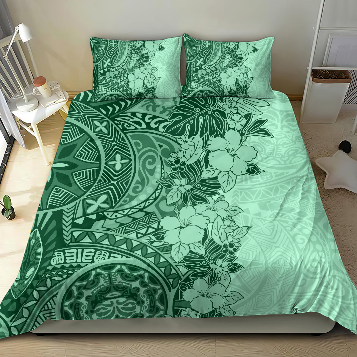 Polynesia Bedding Set Hibiscus and Hawaiian Tribal Tattoo Retro Style Green Color LT9 - Wonder Print Shop