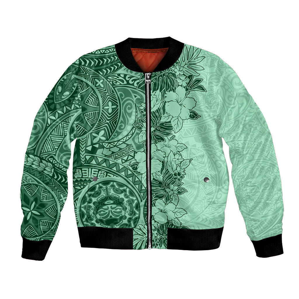 Polynesia Bomber Jacket Hibiscus and Hawaiian Tribal Tattoo Retro Style Green Color LT9 - Wonder Print Shop