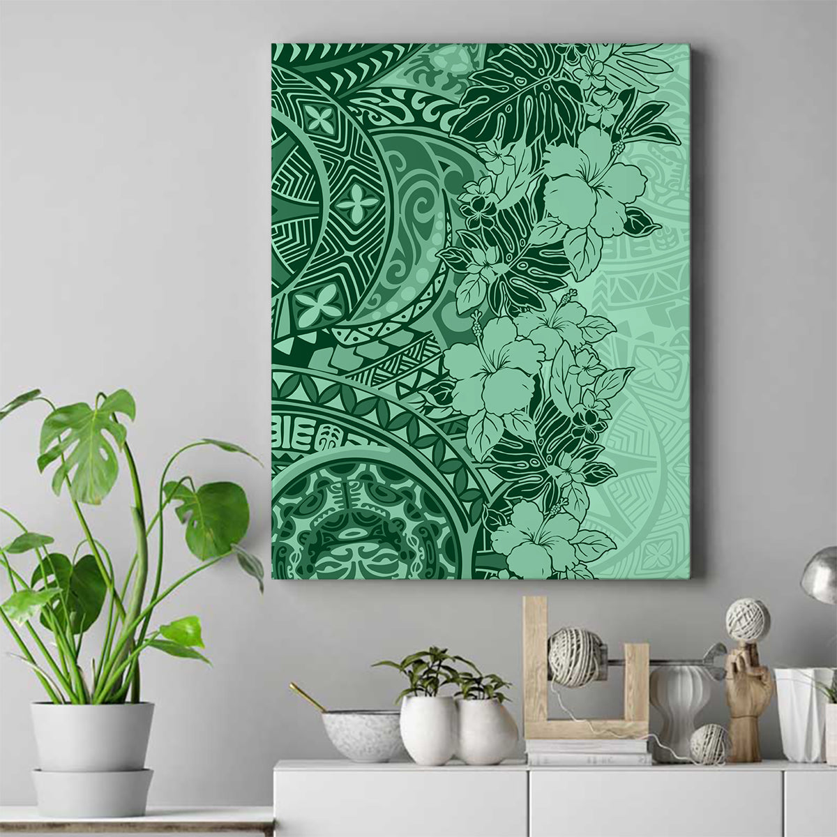 Polynesia Canvas Wall Art Hibiscus and Hawaiian Tribal Tattoo Retro Style Green Color LT9 - Wonder Print Shop