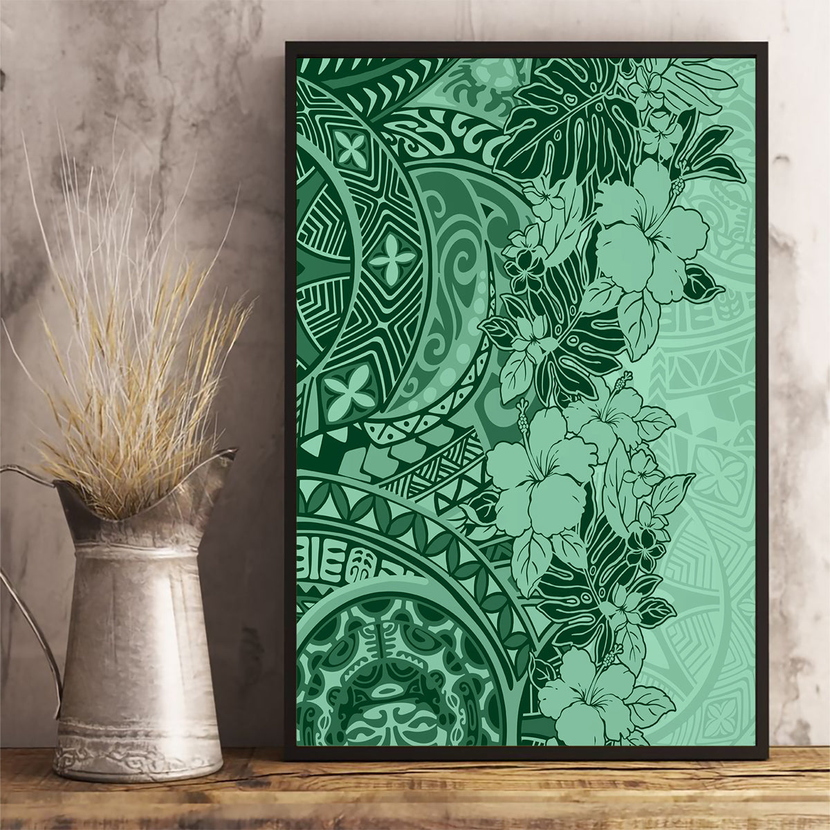 Polynesia Canvas Wall Art Hibiscus and Hawaiian Tribal Tattoo Retro Style Green Color LT9 - Wonder Print Shop