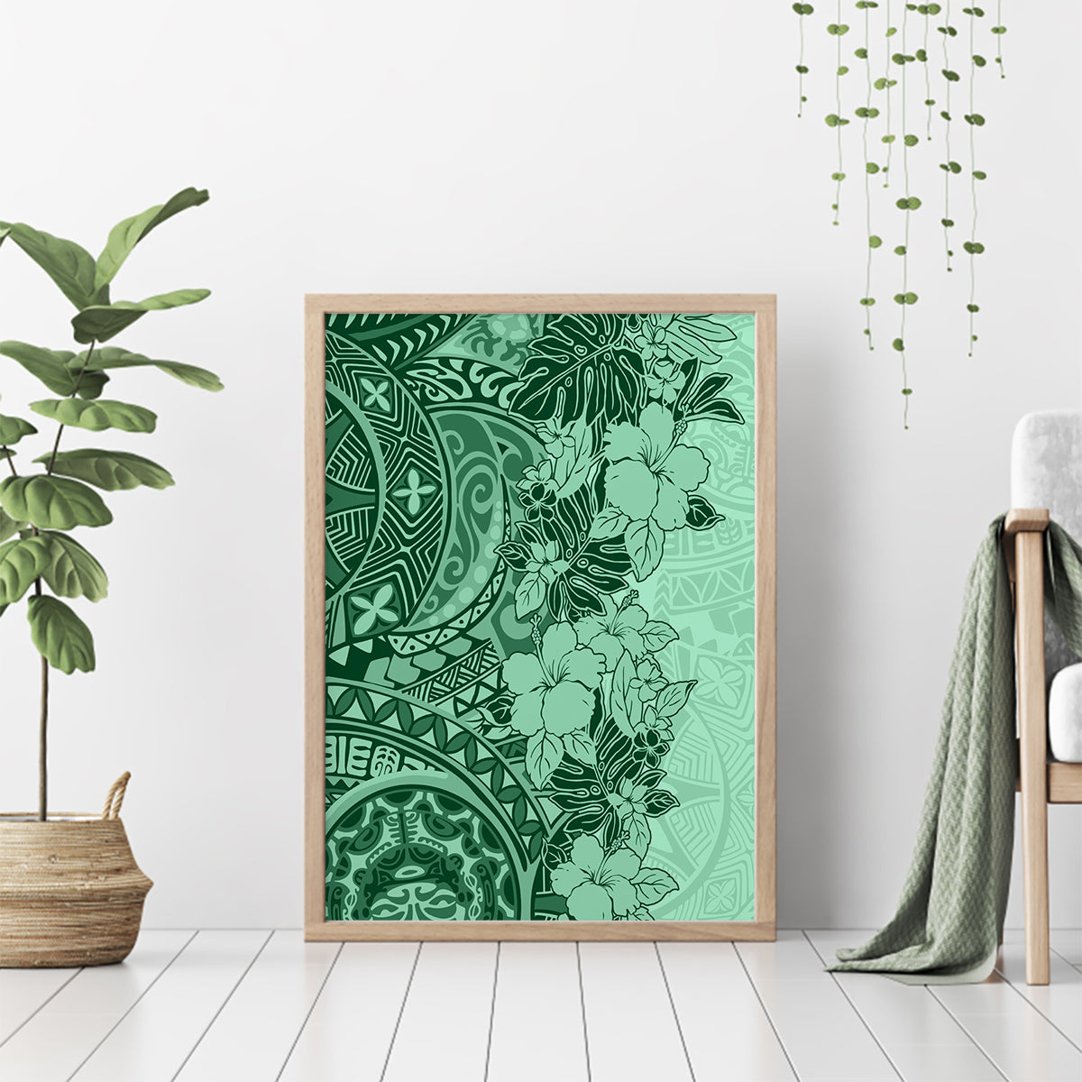 Polynesia Canvas Wall Art Hibiscus and Hawaiian Tribal Tattoo Retro Style Green Color LT9 - Wonder Print Shop