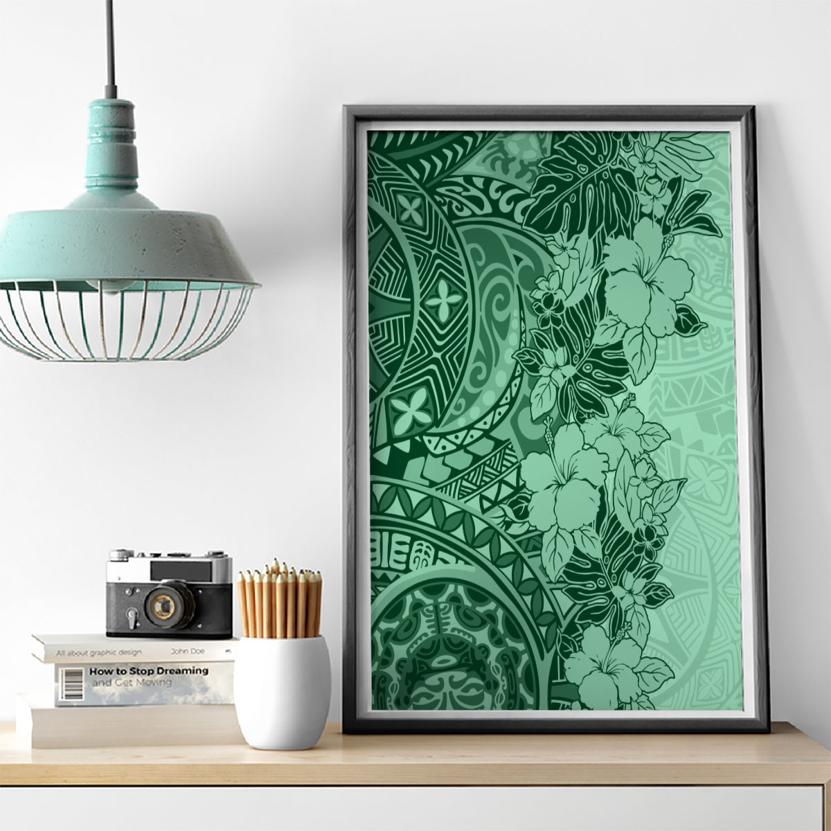 Polynesia Canvas Wall Art Hibiscus and Hawaiian Tribal Tattoo Retro Style Green Color LT9 - Wonder Print Shop