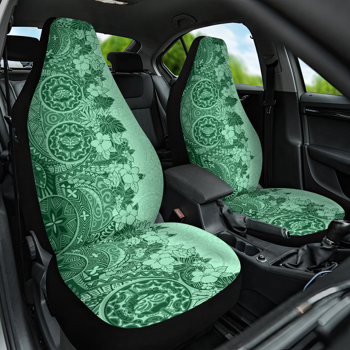 Polynesia Car Seat Cover Hibiscus and Hawaiian Tribal Tattoo Retro Style Green Color LT9 - Wonder Print Shop