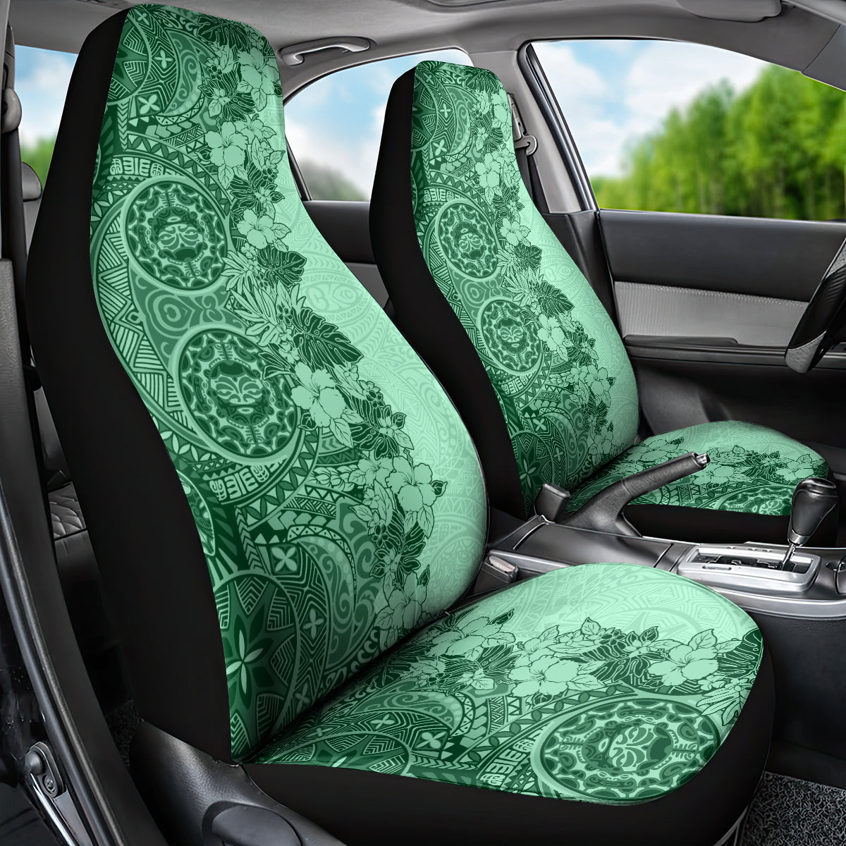 Polynesia Car Seat Cover Hibiscus and Hawaiian Tribal Tattoo Retro Style Green Color LT9 - Wonder Print Shop