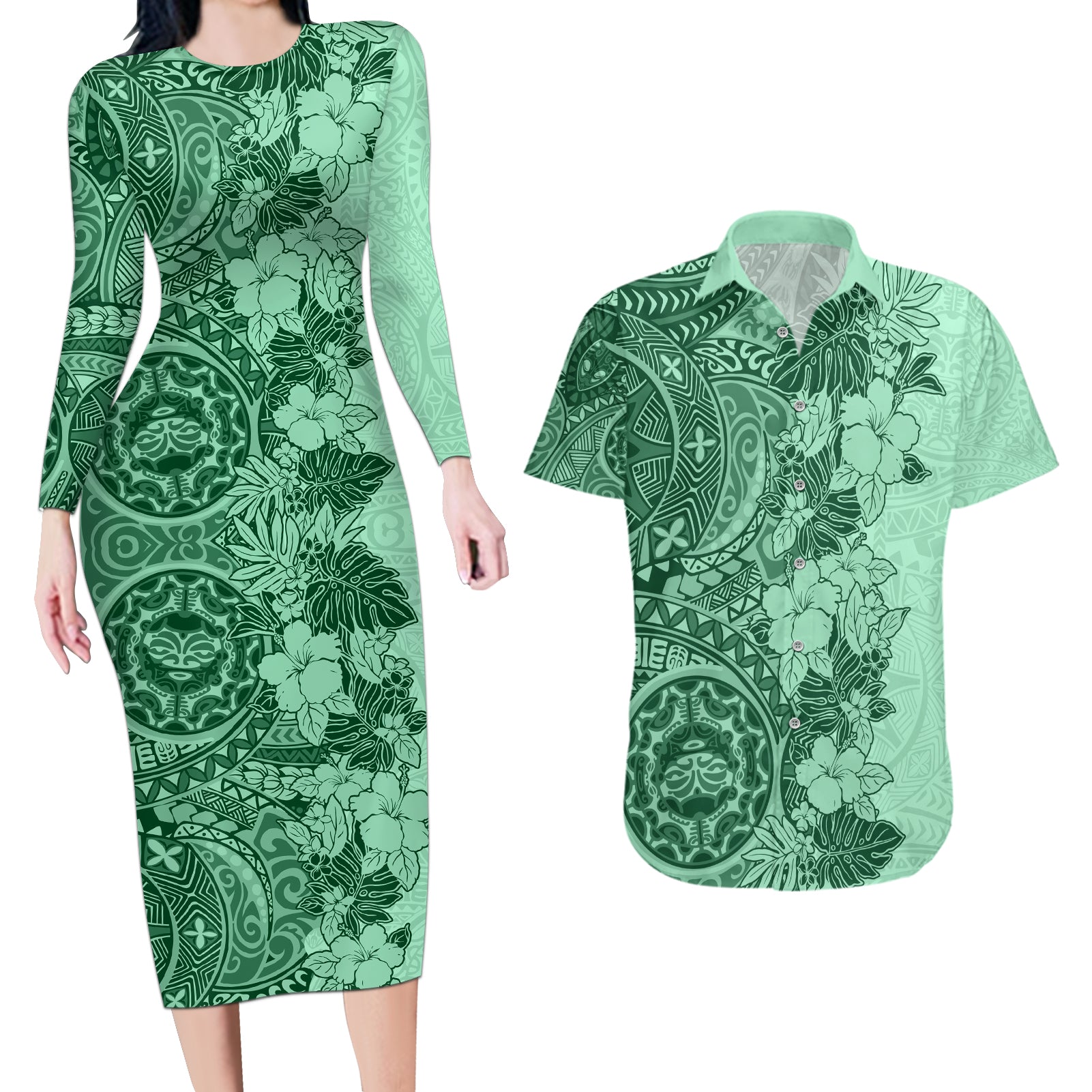 Polynesia Couples Matching Long Sleeve Bodycon Dress and Hawaiian Shirt Hibiscus and Hawaiian Tribal Tattoo Retro Style Green Color LT9 - Wonder Print Shop