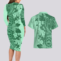 Polynesia Couples Matching Long Sleeve Bodycon Dress and Hawaiian Shirt Hibiscus and Hawaiian Tribal Tattoo Retro Style Green Color LT9 - Wonder Print Shop