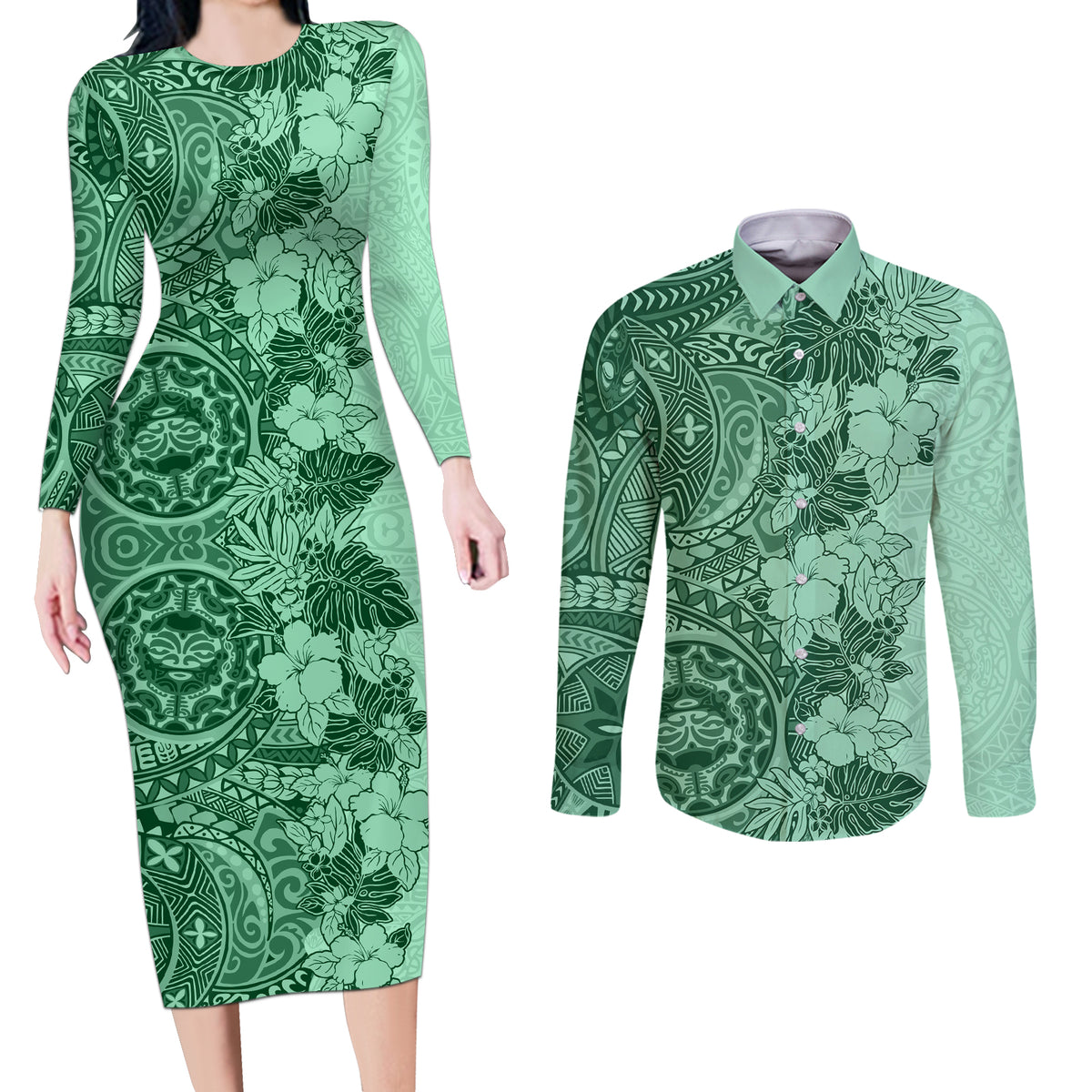 Polynesia Couples Matching Long Sleeve Bodycon Dress and Long Sleeve Button Shirt Hibiscus and Hawaiian Tribal Tattoo Retro Style Green Color LT9 - Wonder Print Shop