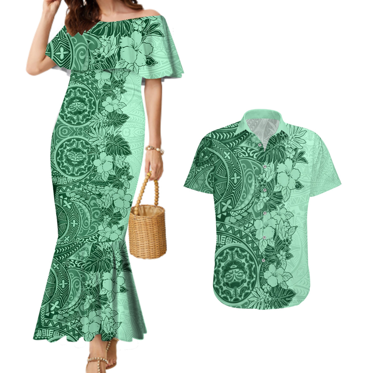 Polynesia Couples Matching Mermaid Dress and Hawaiian Shirt Hibiscus and Hawaiian Tribal Tattoo Retro Style Green Color LT9 - Wonder Print Shop