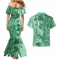 Polynesia Couples Matching Mermaid Dress and Hawaiian Shirt Hibiscus and Hawaiian Tribal Tattoo Retro Style Green Color LT9 - Wonder Print Shop