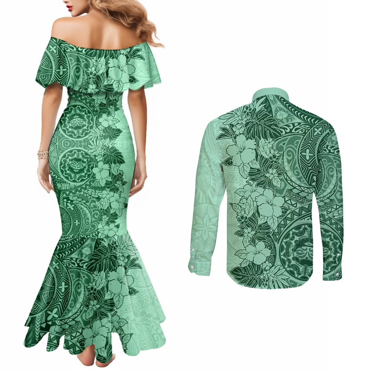 polynesia-couples-matching-mermaid-dress-and-long-sleeve-button-shirt-hibiscus-and-hawaiian-tribal-tattoo-retro-style-green-color