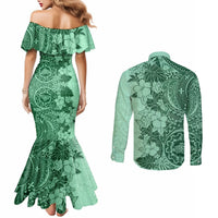 polynesia-couples-matching-mermaid-dress-and-long-sleeve-button-shirt-hibiscus-and-hawaiian-tribal-tattoo-retro-style-green-color