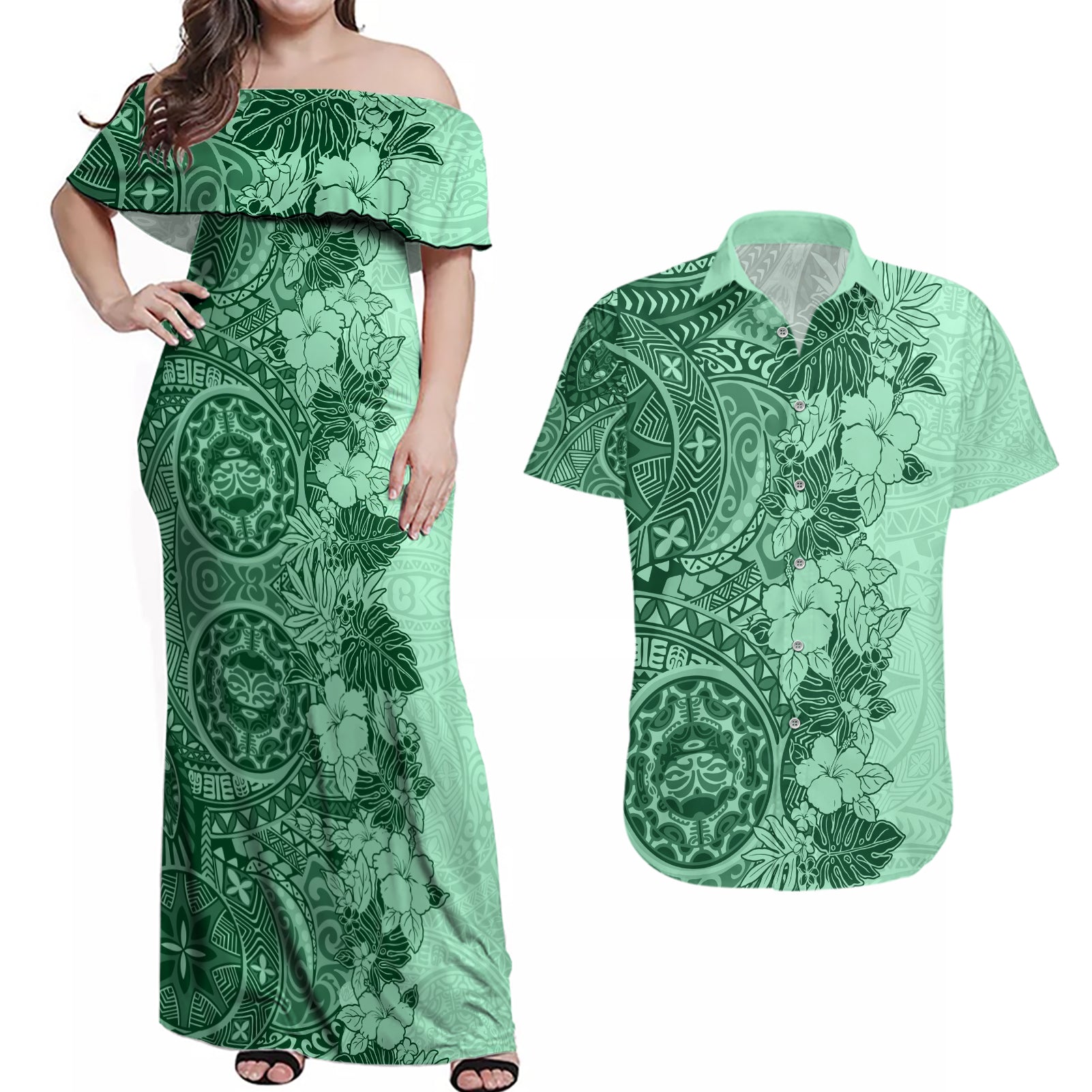 Polynesia Couples Matching Off Shoulder Maxi Dress and Hawaiian Shirt Hibiscus and Hawaiian Tribal Tattoo Retro Style Green Color LT9 - Wonder Print Shop