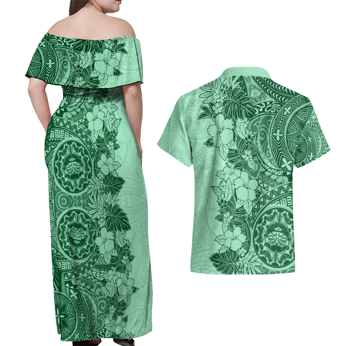Polynesia Couples Matching Off Shoulder Maxi Dress and Hawaiian Shirt Hibiscus and Hawaiian Tribal Tattoo Retro Style Green Color LT9 - Wonder Print Shop