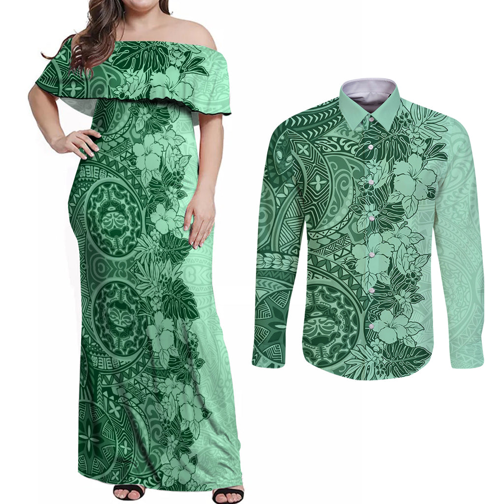Polynesia Couples Matching Off Shoulder Maxi Dress and Long Sleeve Button Shirt Hibiscus and Hawaiian Tribal Tattoo Retro Style Green Color LT9 - Wonder Print Shop