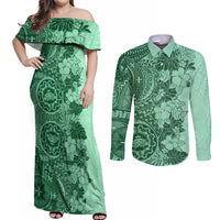 Polynesia Couples Matching Off Shoulder Maxi Dress and Long Sleeve Button Shirt Hibiscus and Hawaiian Tribal Tattoo Retro Style Green Color LT9 - Wonder Print Shop