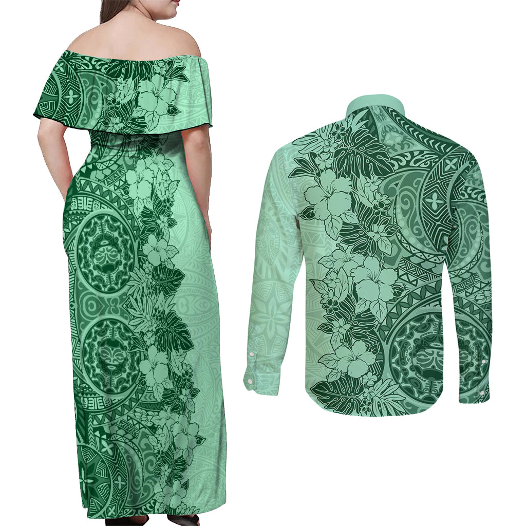 Polynesia Couples Matching Off Shoulder Maxi Dress and Long Sleeve Button Shirt Hibiscus and Hawaiian Tribal Tattoo Retro Style Green Color LT9 - Wonder Print Shop