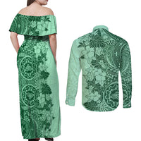 Polynesia Couples Matching Off Shoulder Maxi Dress and Long Sleeve Button Shirt Hibiscus and Hawaiian Tribal Tattoo Retro Style Green Color LT9 - Wonder Print Shop