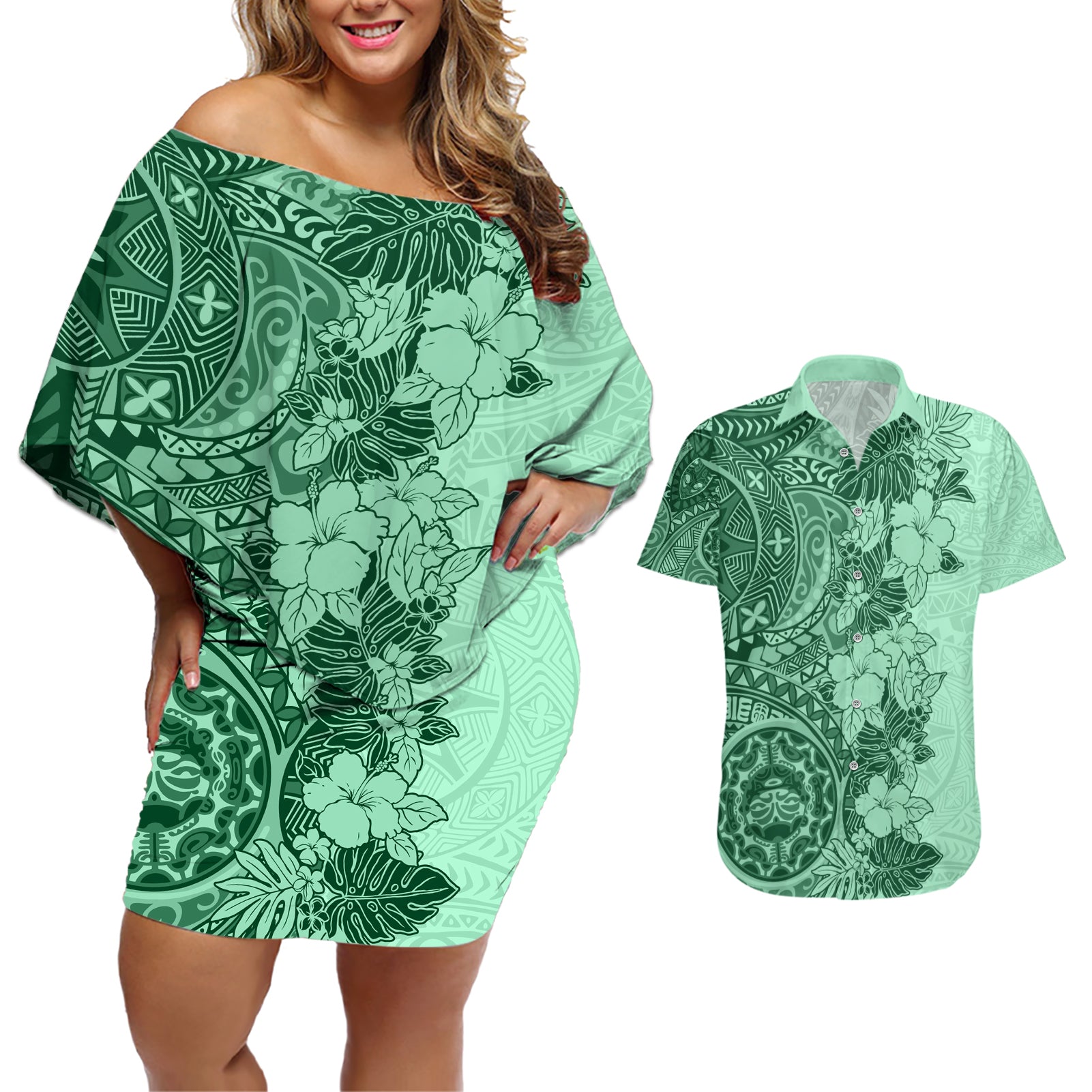 Polynesia Couples Matching Off Shoulder Short Dress and Hawaiian Shirt Hibiscus and Hawaiian Tribal Tattoo Retro Style Green Color LT9 - Wonder Print Shop