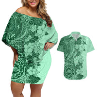 Polynesia Couples Matching Off Shoulder Short Dress and Hawaiian Shirt Hibiscus and Hawaiian Tribal Tattoo Retro Style Green Color LT9 - Wonder Print Shop